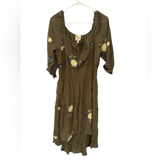 Anthropologie Fig & Flower Floral Olive Green Dress hi-low size PL Boho feminine - Picture 3 of 6